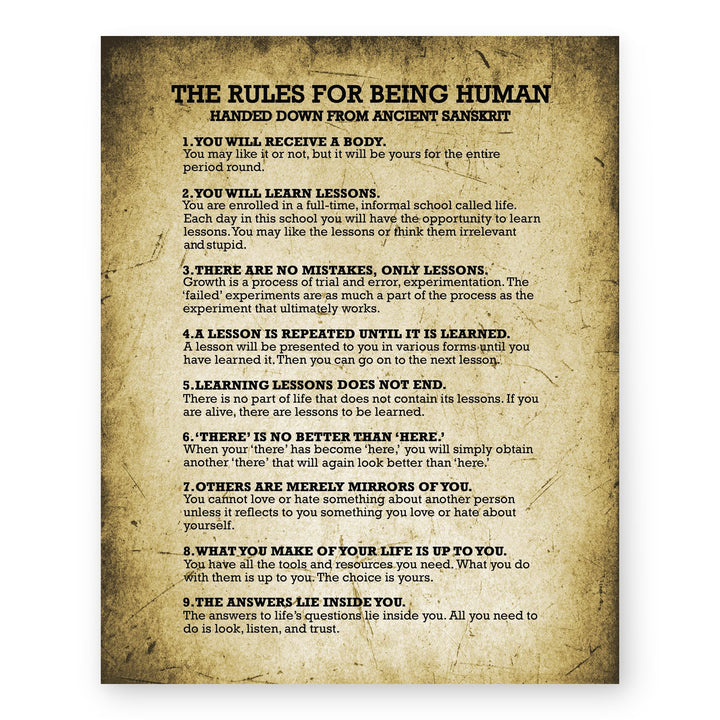 The Rules for Being Human Vintage Inspirational Wall Art
