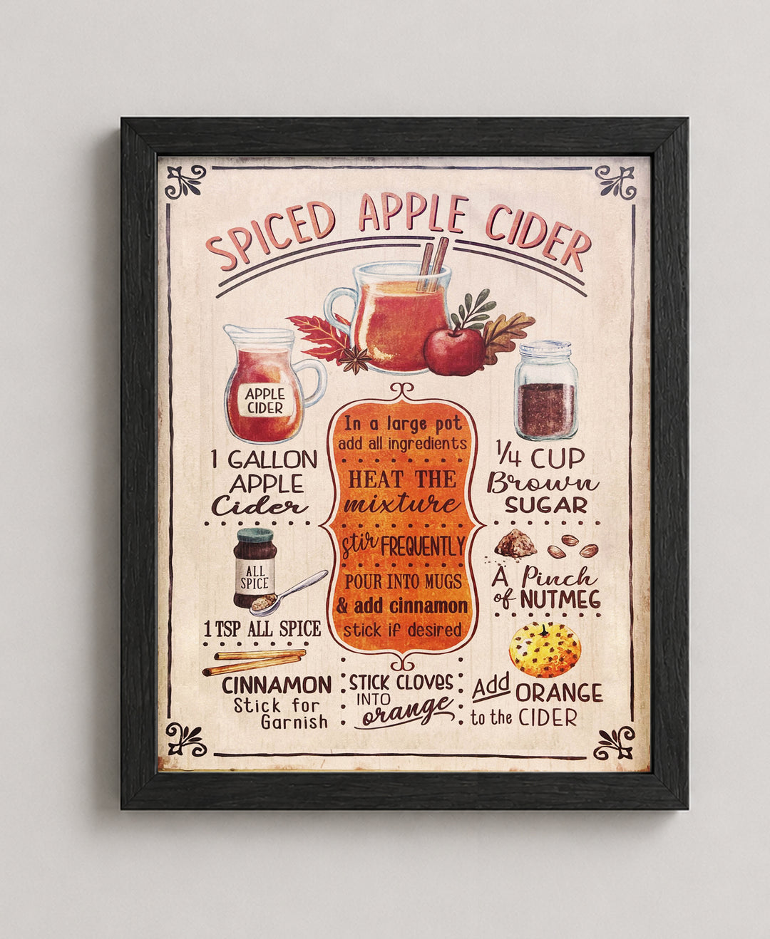 Spiced Apple Cider Recipe Vintage Inspirational Wall Art