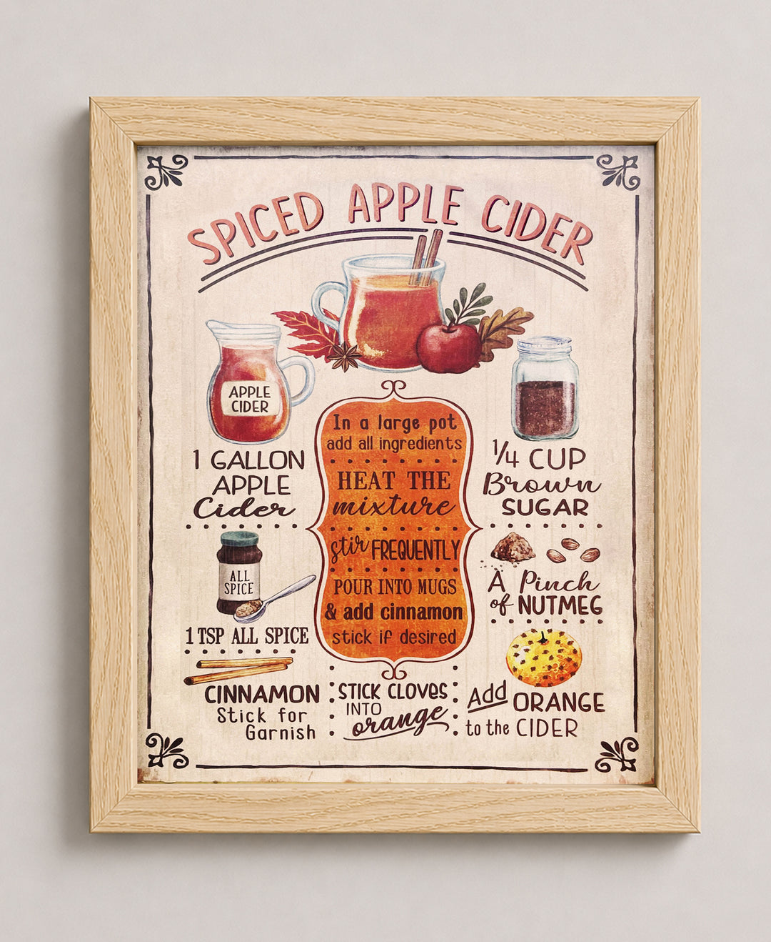 Spiced Apple Cider Recipe Vintage Inspirational Wall Art