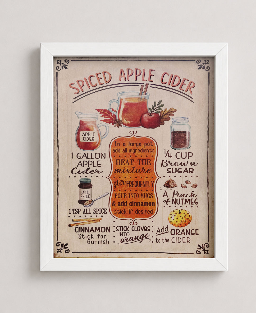 Spiced Apple Cider Recipe Vintage Inspirational Wall Art