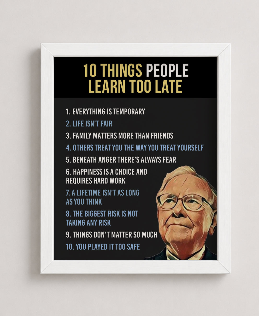 Ten Things People Learn Too Late Inspirational Wall Art