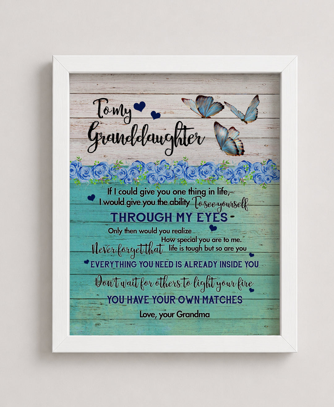 To My Granddaughter Floral Butterfly Heart Family Inspirational Wall Art
