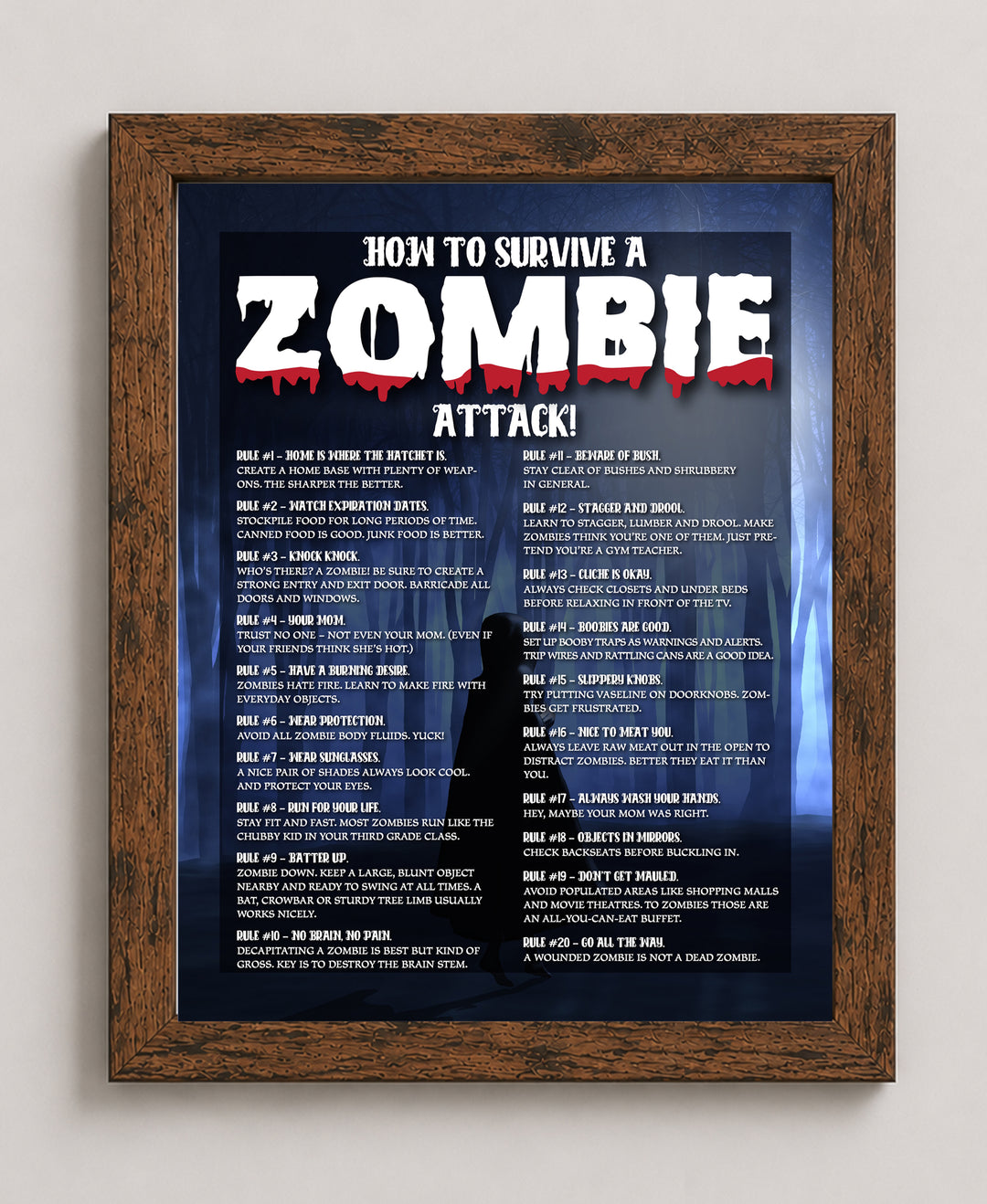 Zombie Survival Rules Funny Horror Wall Art