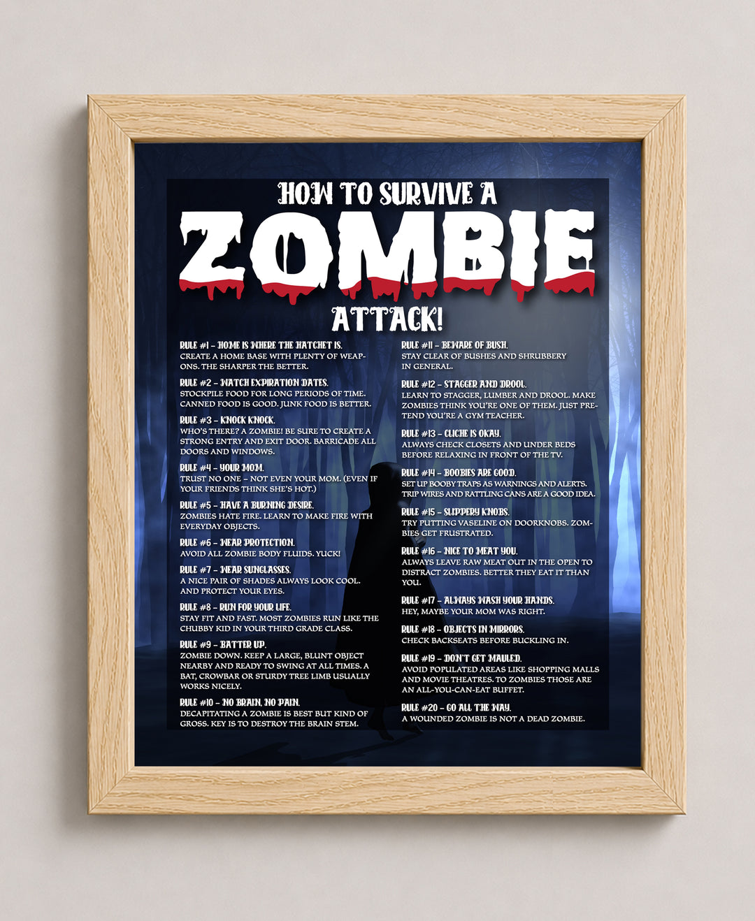 Zombie Survival Rules Funny Horror Wall Art