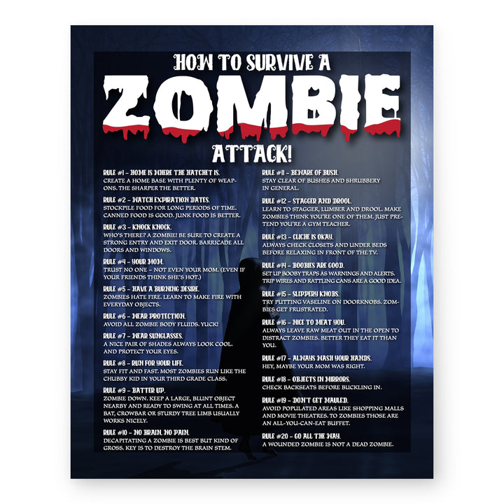 Zombie Survival Rules Funny Horror Wall Art