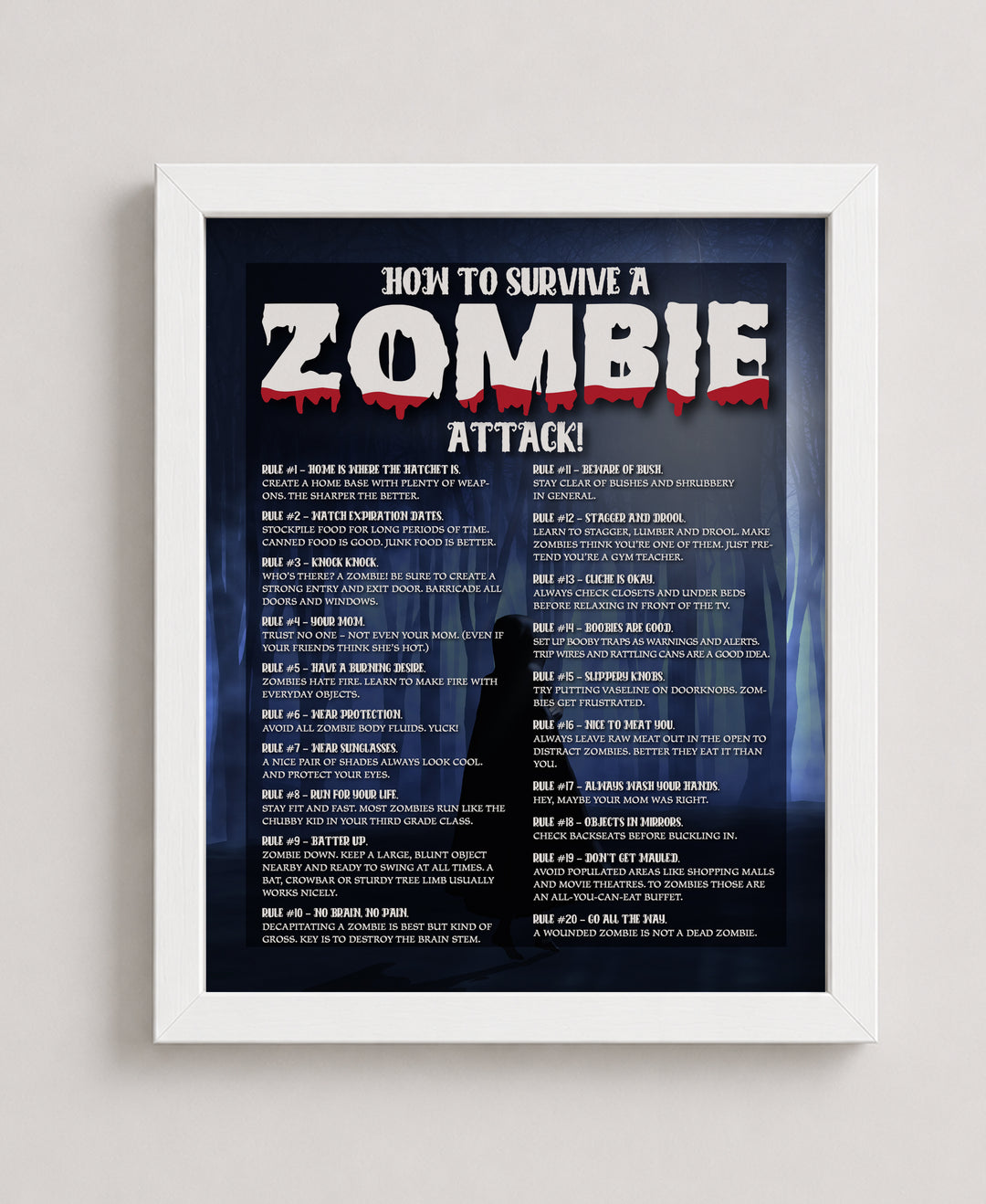 Zombie Survival Rules Funny Horror Wall Art