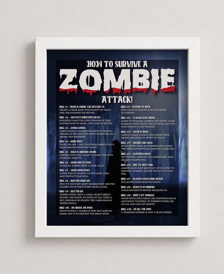 Zombie Survival Rules Funny Horror Wall Art