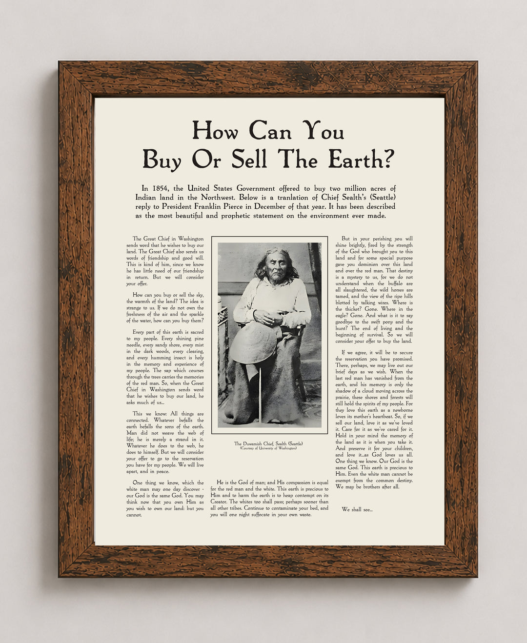 Chief Seattle Speech Inspirational Wall Art