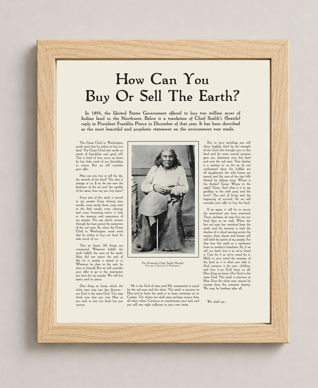 Chief Seattle Speech Inspirational Wall Art