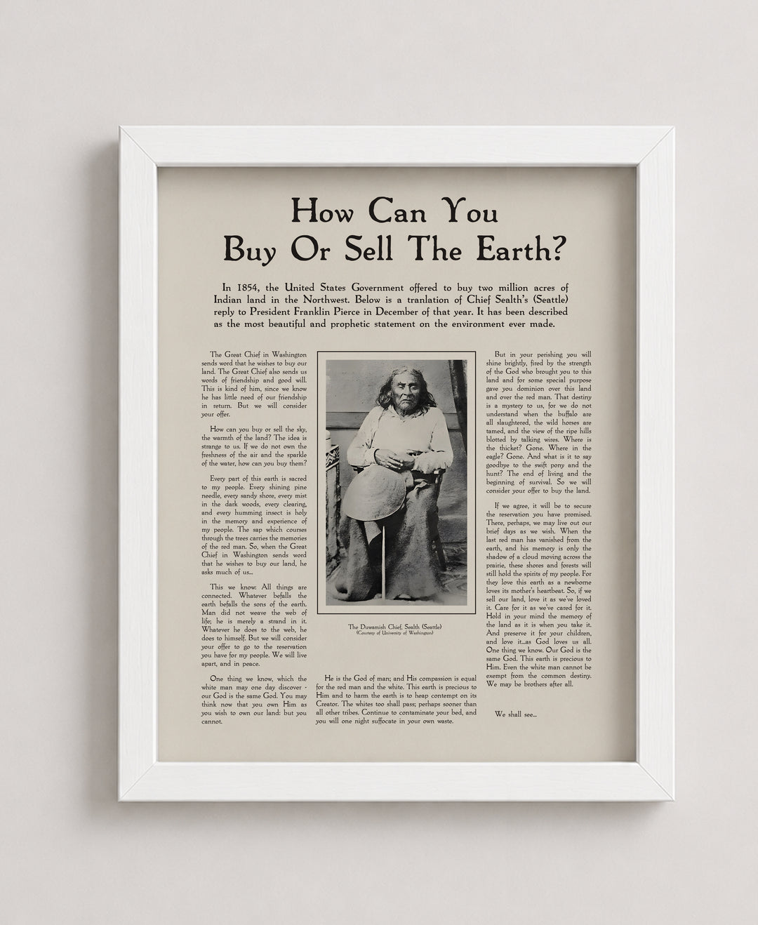 Chief Seattle Speech Inspirational Wall Art