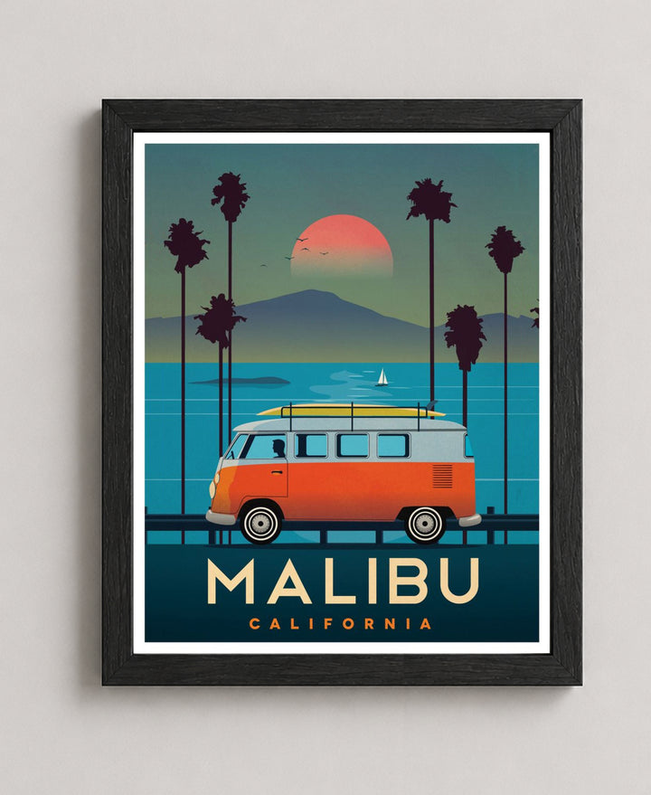 VW Bus Malibu Beach Vintage Coastal Inspirational Wall Art