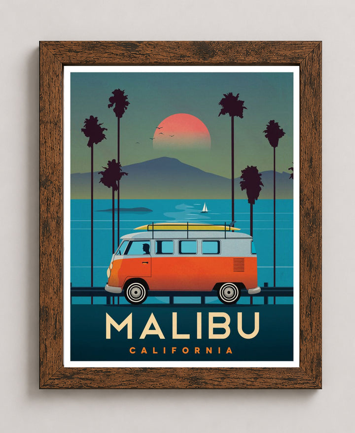 VW Bus Malibu Beach Vintage Coastal Inspirational Wall Art