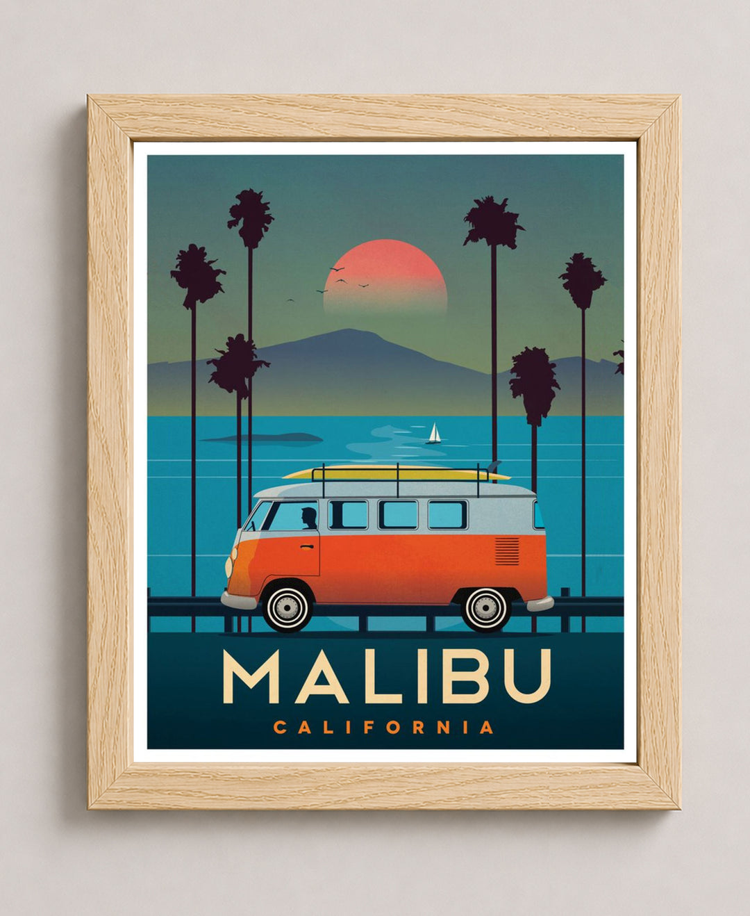 VW Bus Malibu Beach Vintage Coastal Inspirational Wall Art