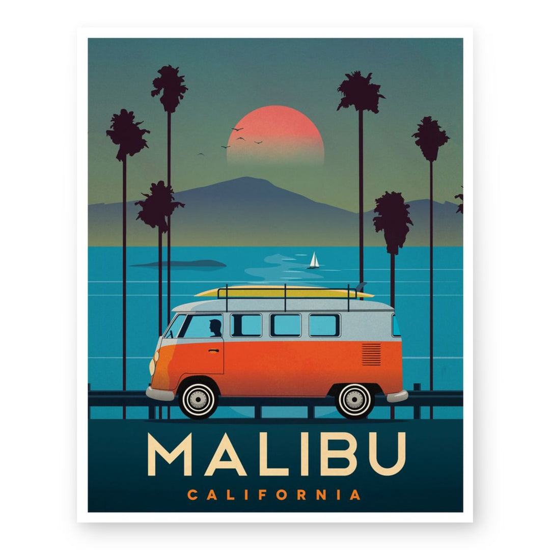 VW Bus Malibu Beach Vintage Coastal Inspirational Wall Art