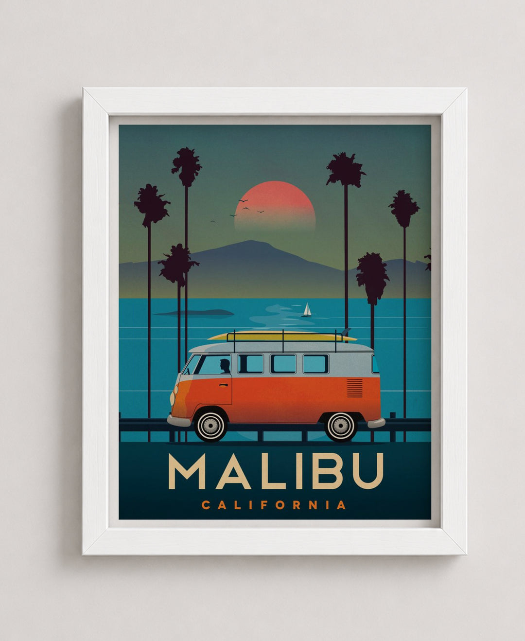 VW Bus Malibu Beach Vintage Coastal Inspirational Wall Art