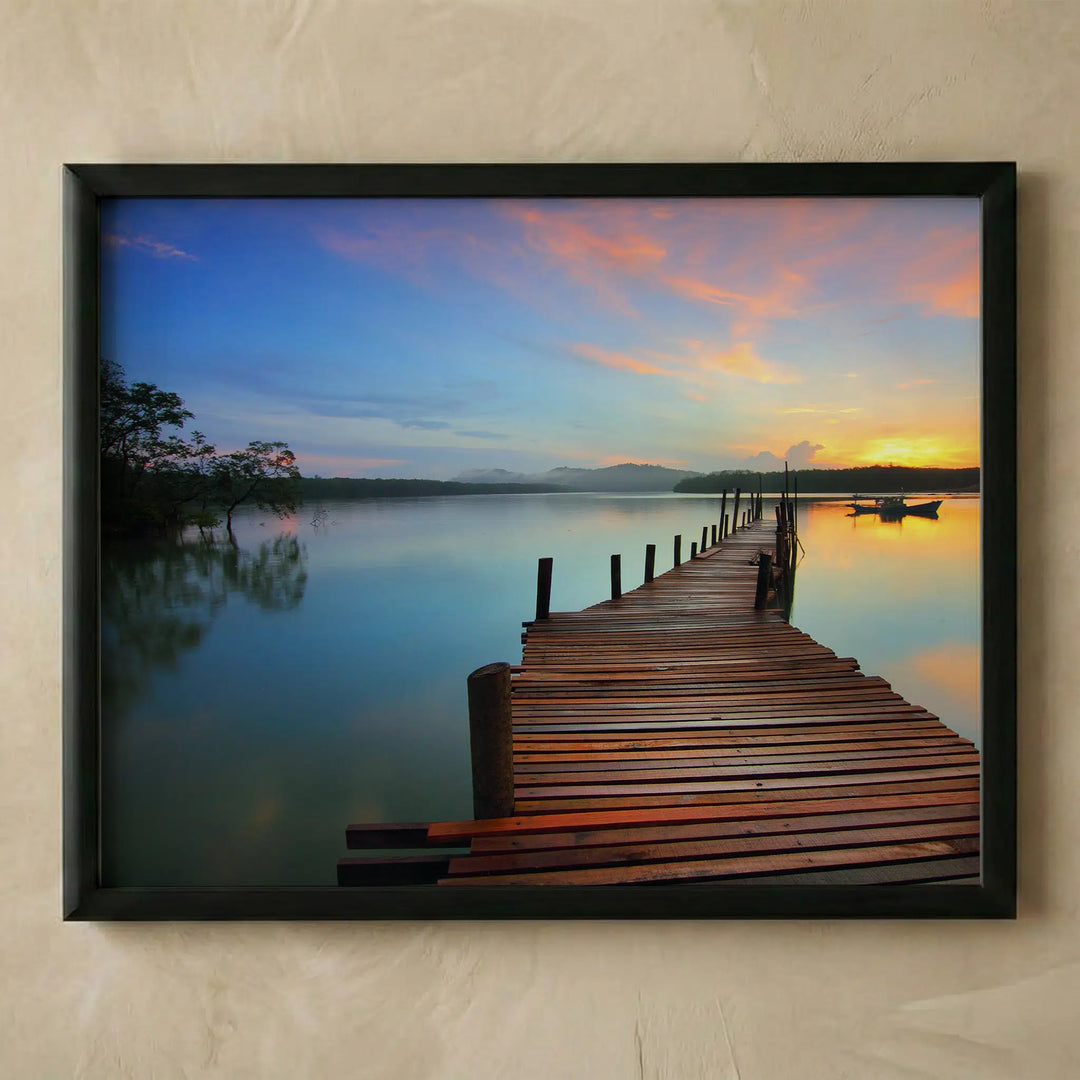 Sunset dock over calm lake wall art