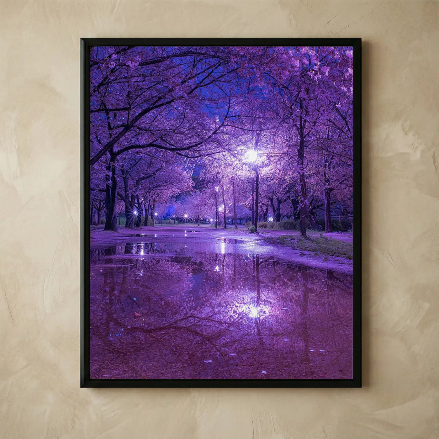 Purple blossoms rainy street light wall art