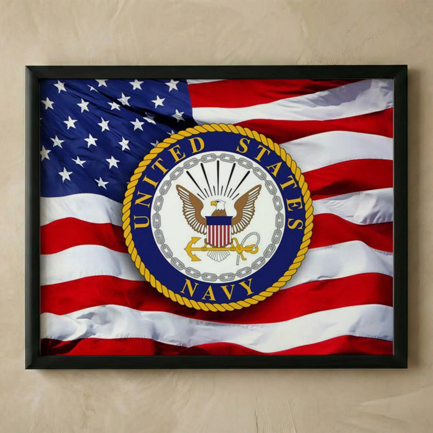 US Navy emblem on waving USA flag