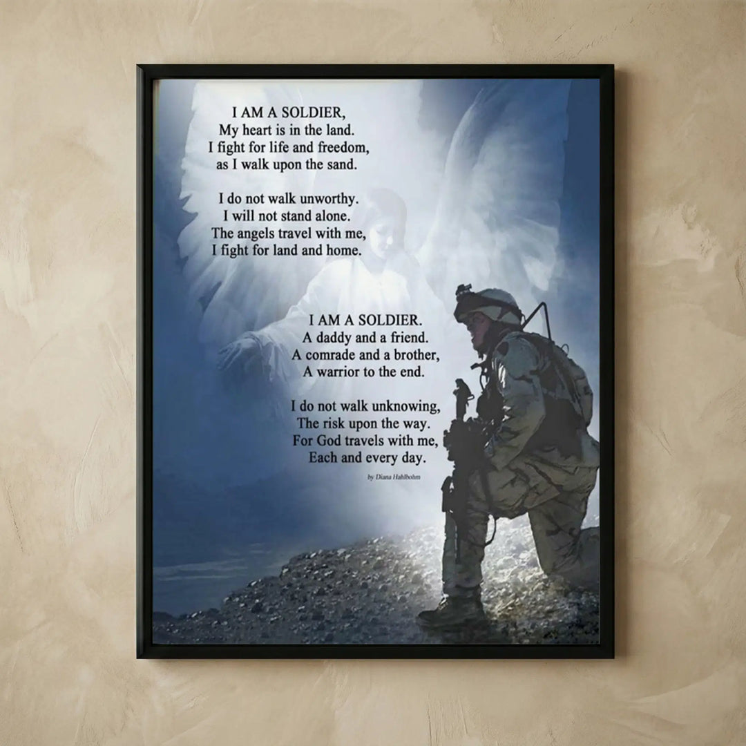 Soldier kneeling with angels protection print