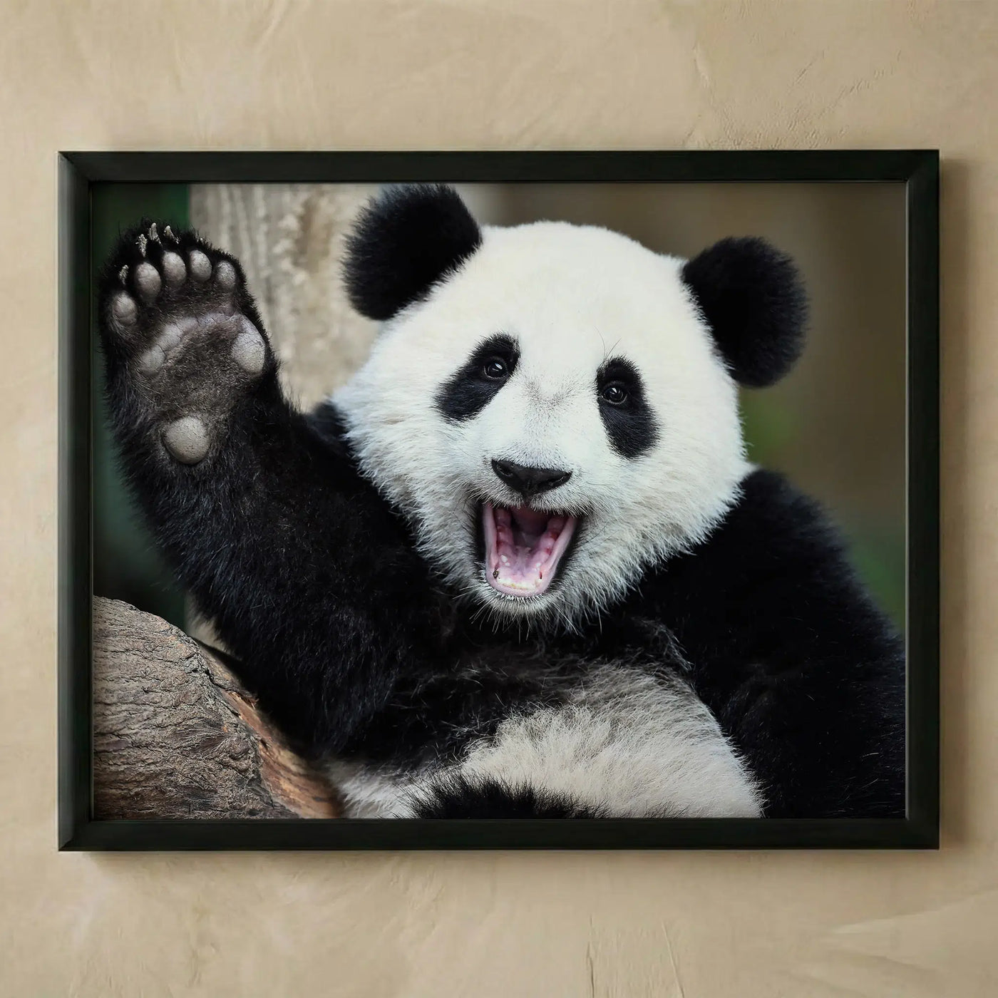 Happy panda waving hi funny wall art