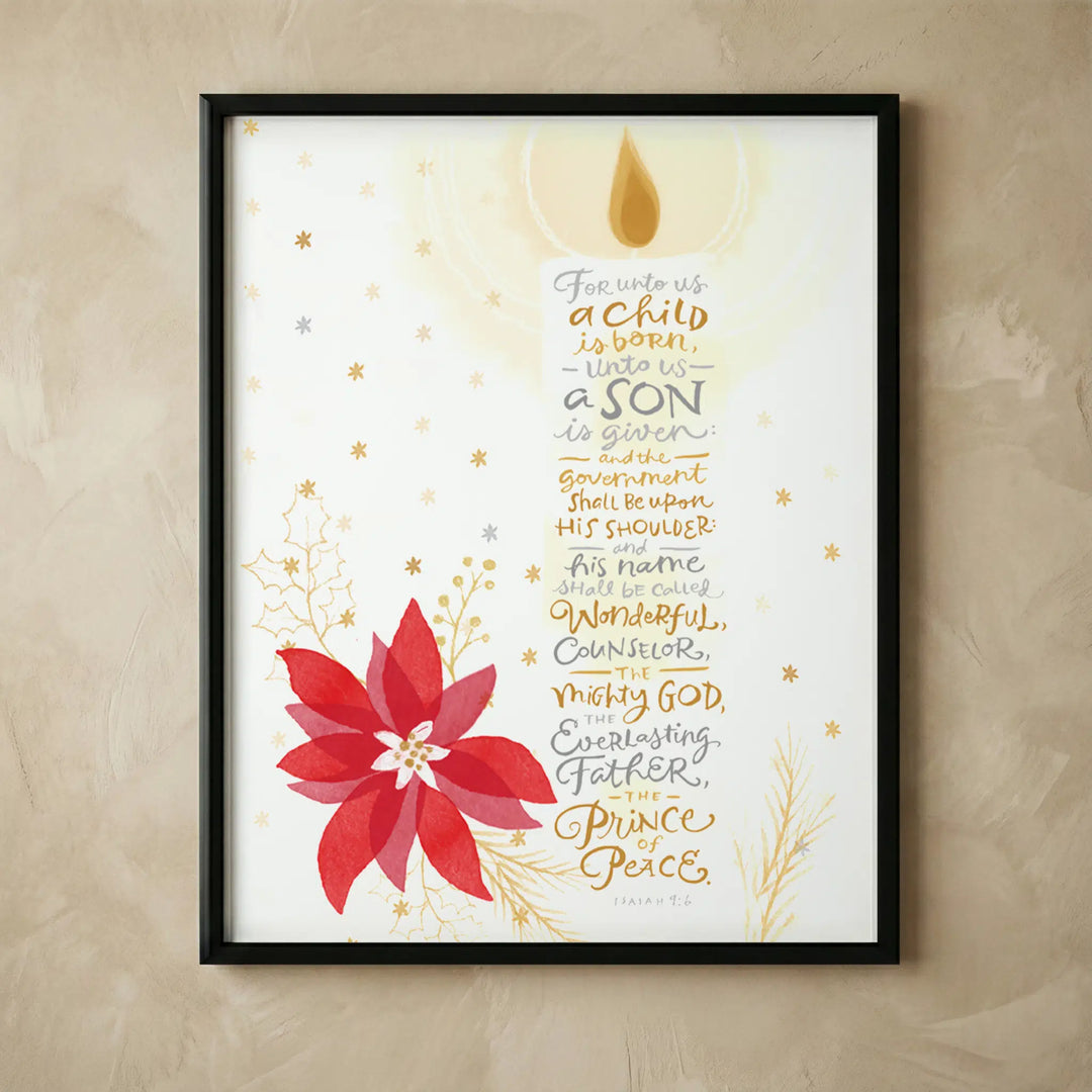Christian Isaiah 9:6 candle poinsettia wall art