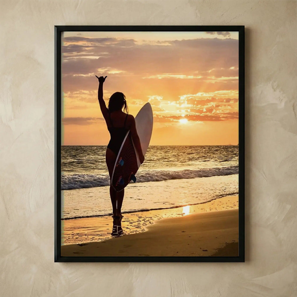 Mahala surfer girl beach sunset wall art print