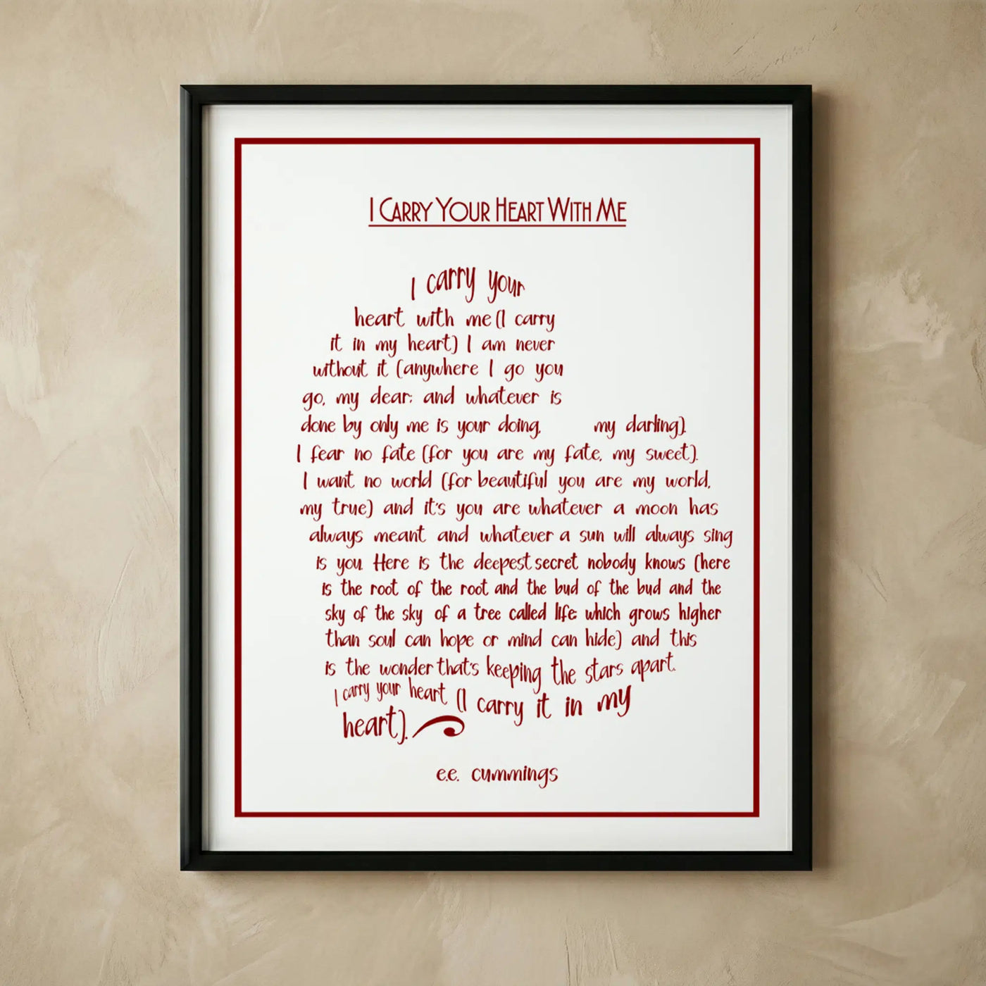 E. E. Cummings heart-shaped poetry wall art