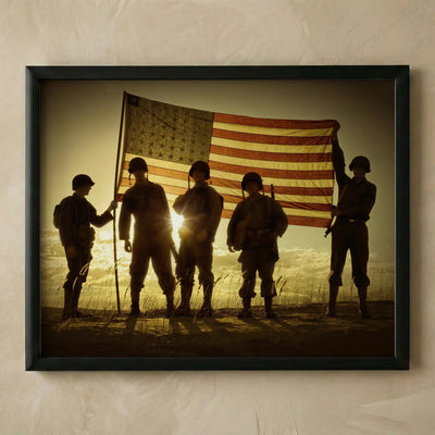 Soldiers holding American flag military art