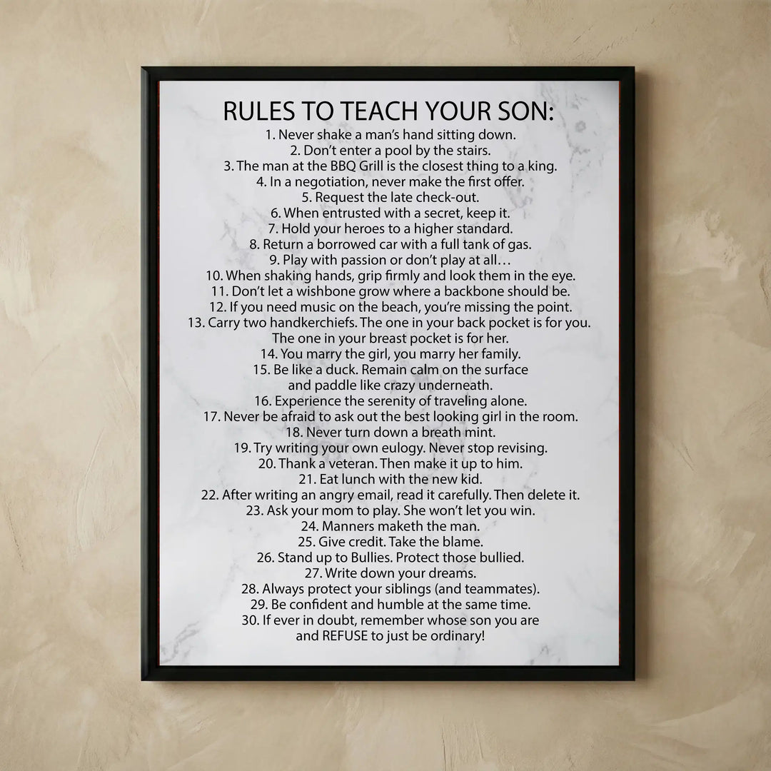 Rules To Teach Your Son motivational wall art