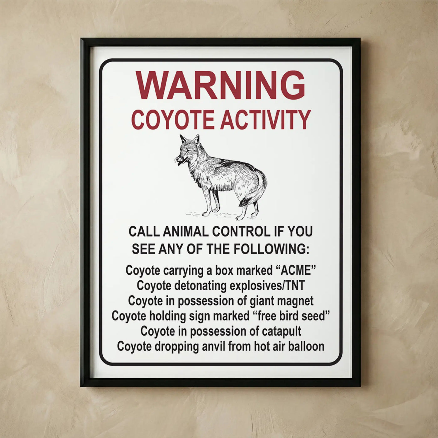 Vintage cartoon coyote activity wall art