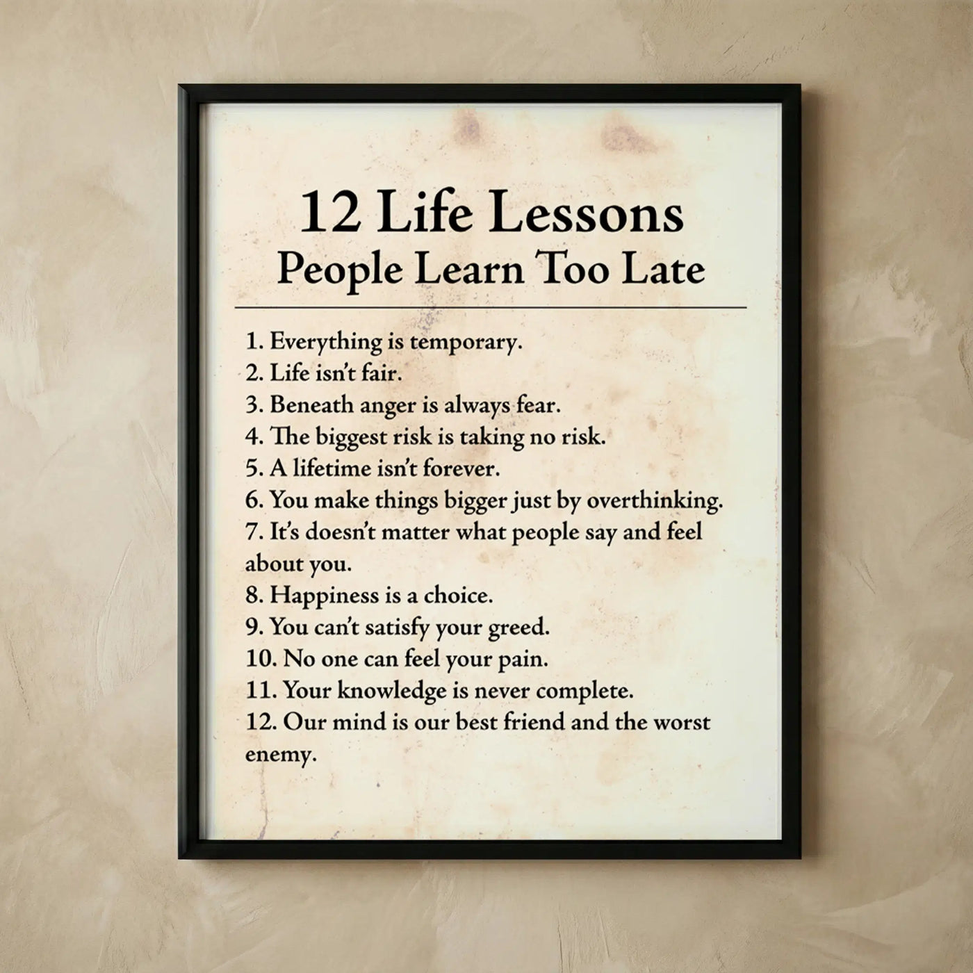 12 Life Lessons Inspirational Motivational Wall Art