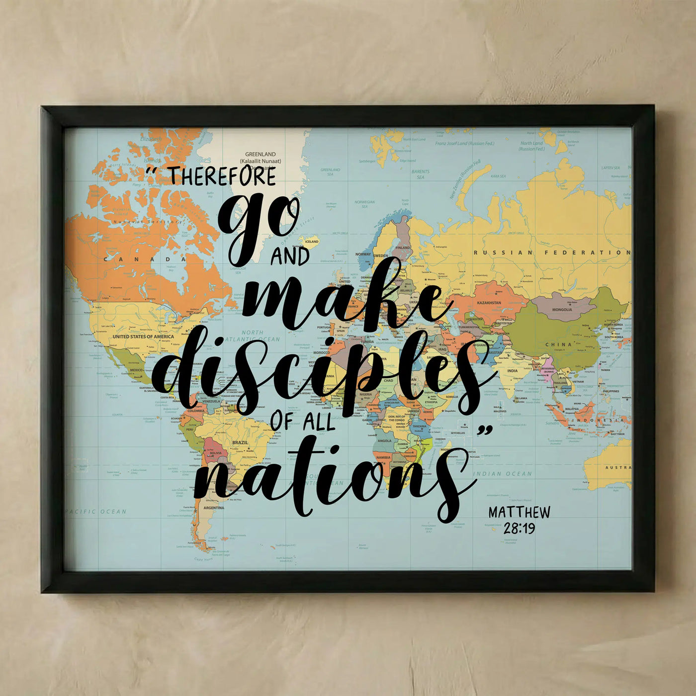 Matthew 28 19 20 Bible verse world map print