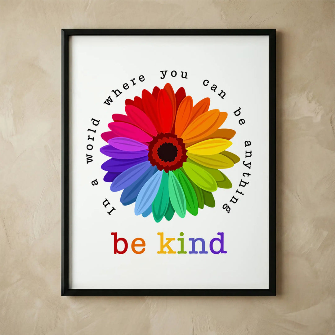 Be Kind inspirational rainbow flower wall art