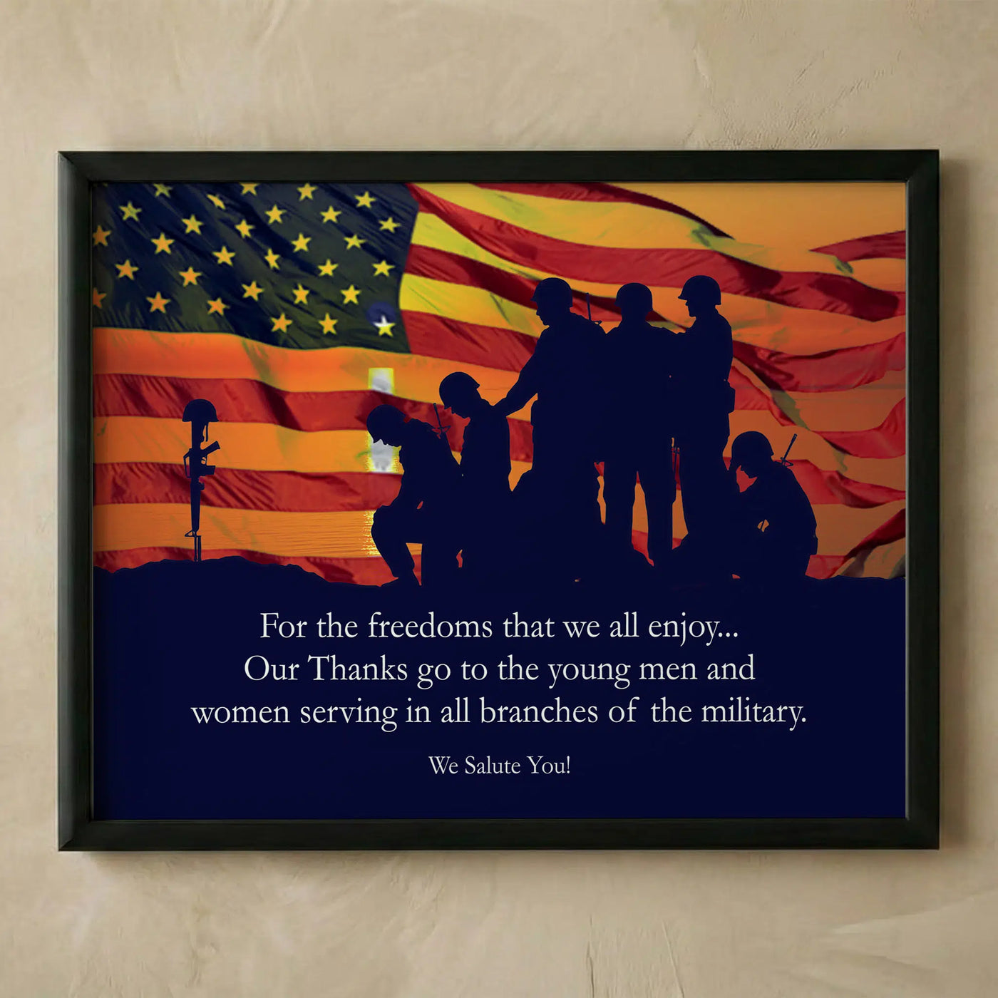 US military soldiers with American flag wall art