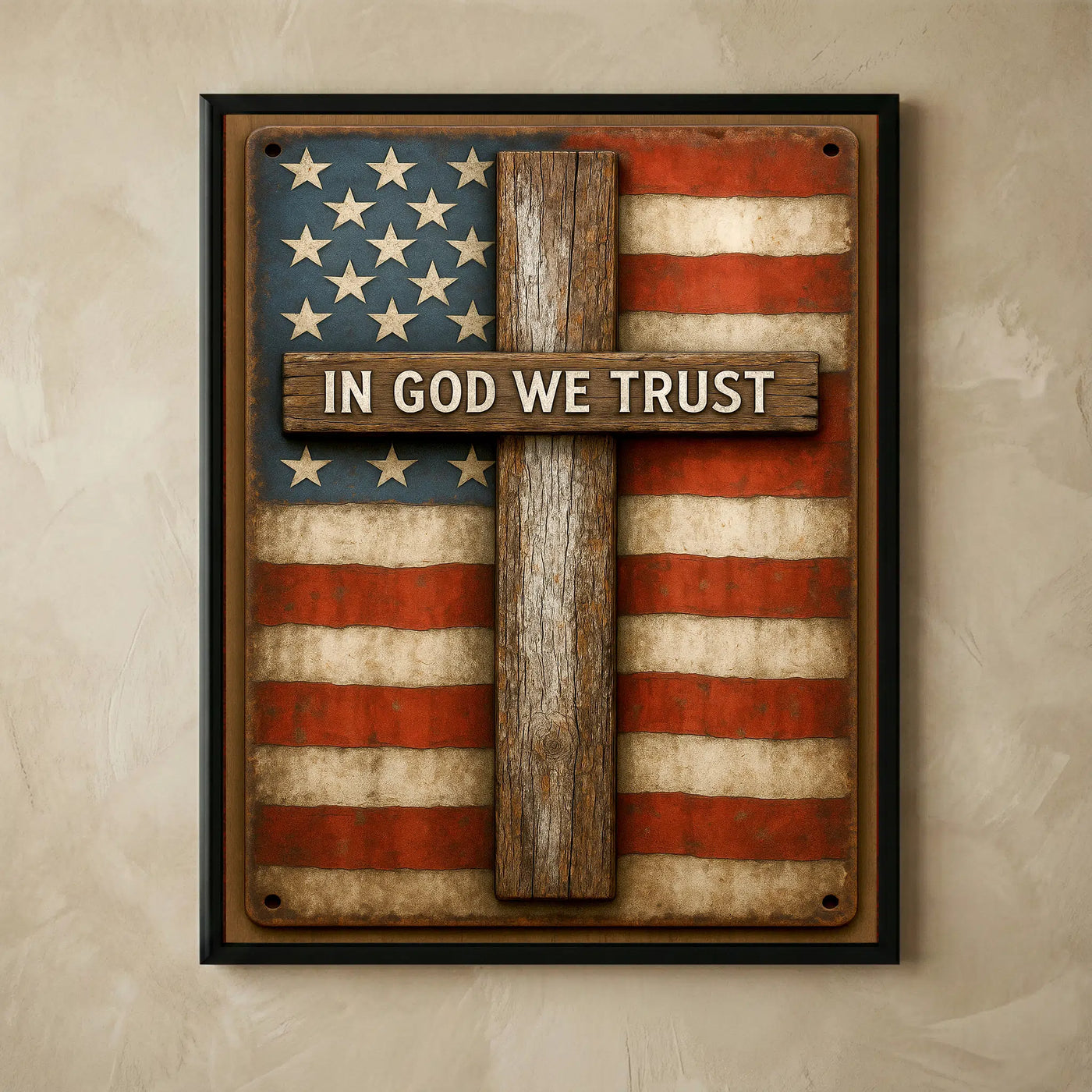 Rustic wooden cross on vintage American flag