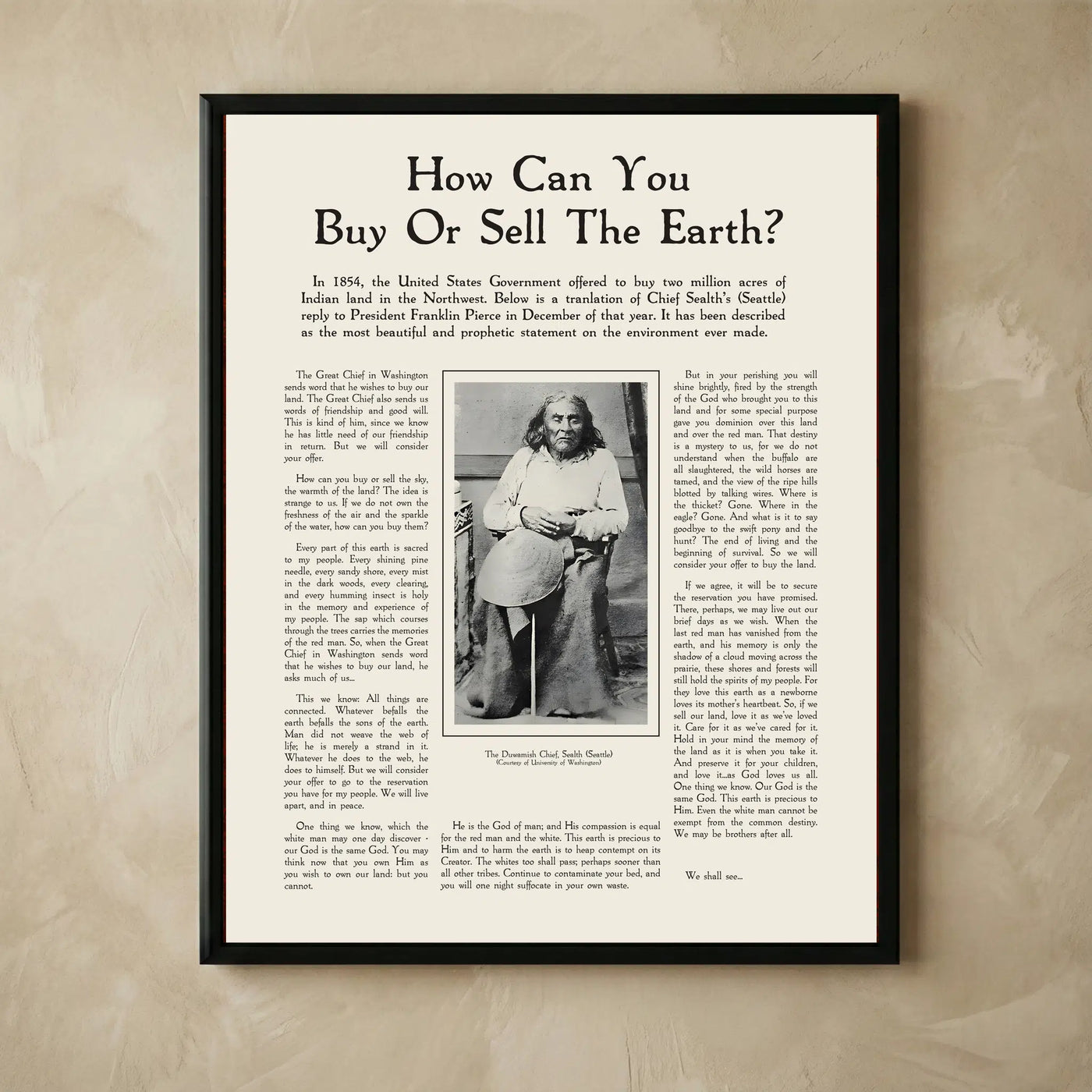 Chief Seattle inspirational speech wall art