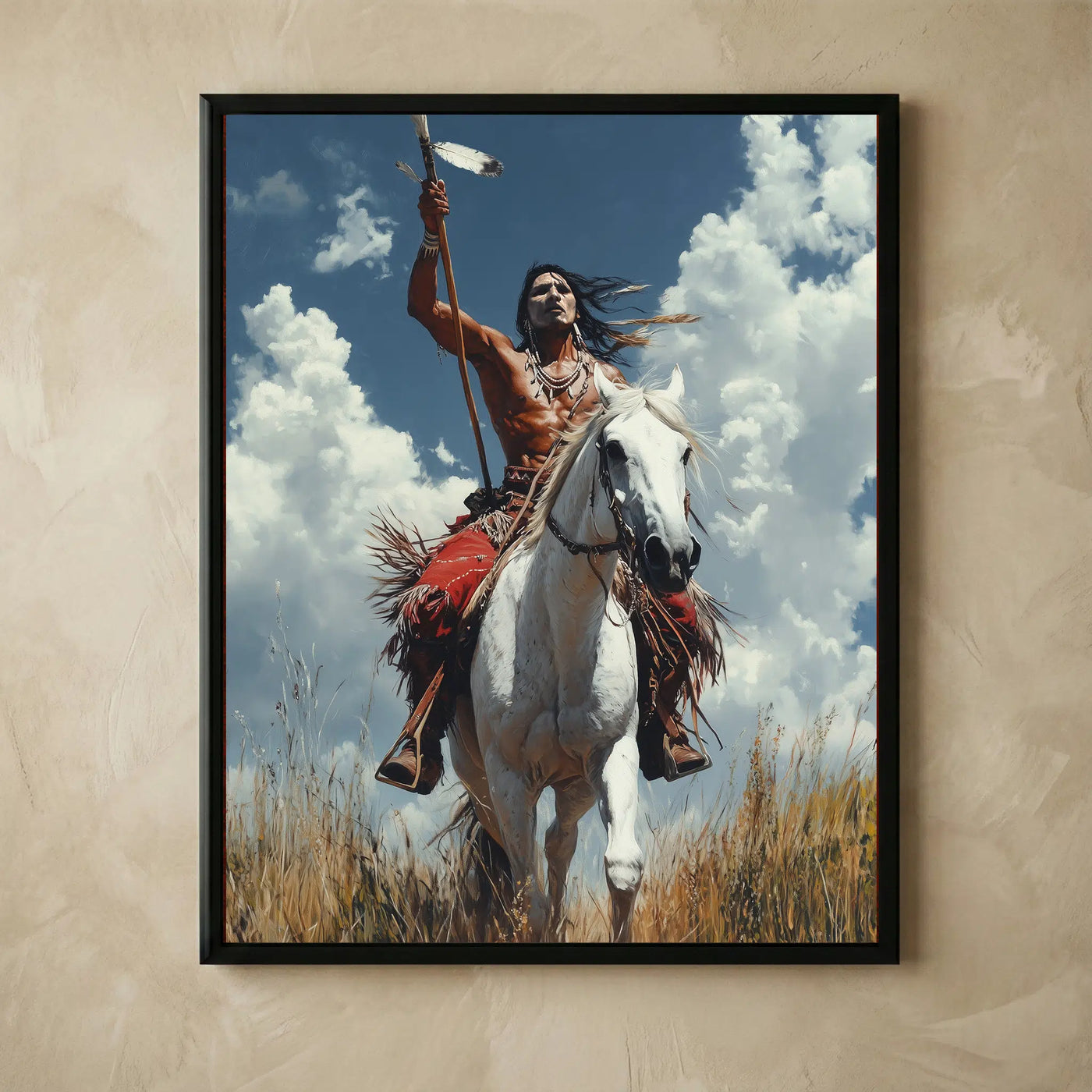 Native American warrior on horse with spear