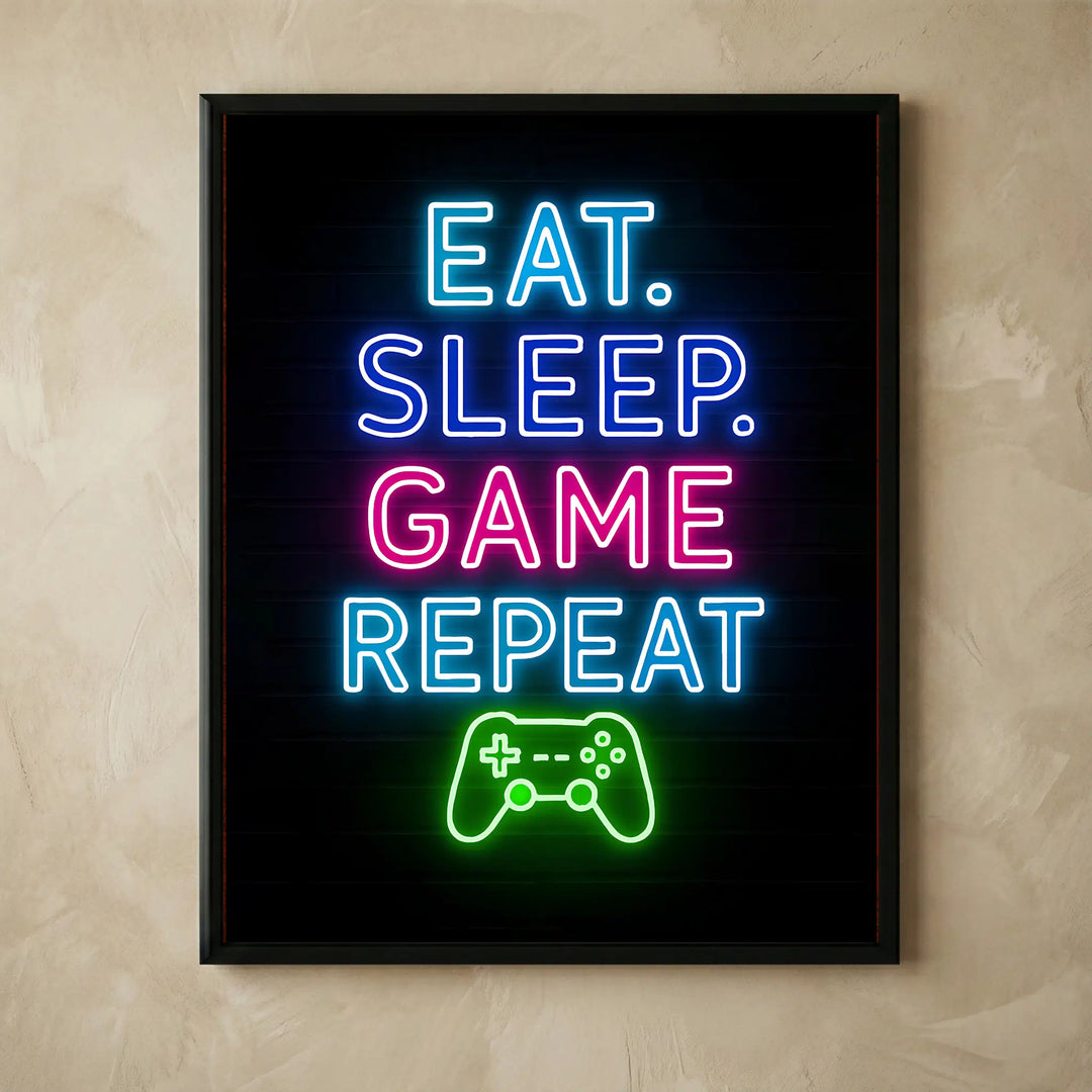 Neon Eat Sleep Game Repeat gaming wall art