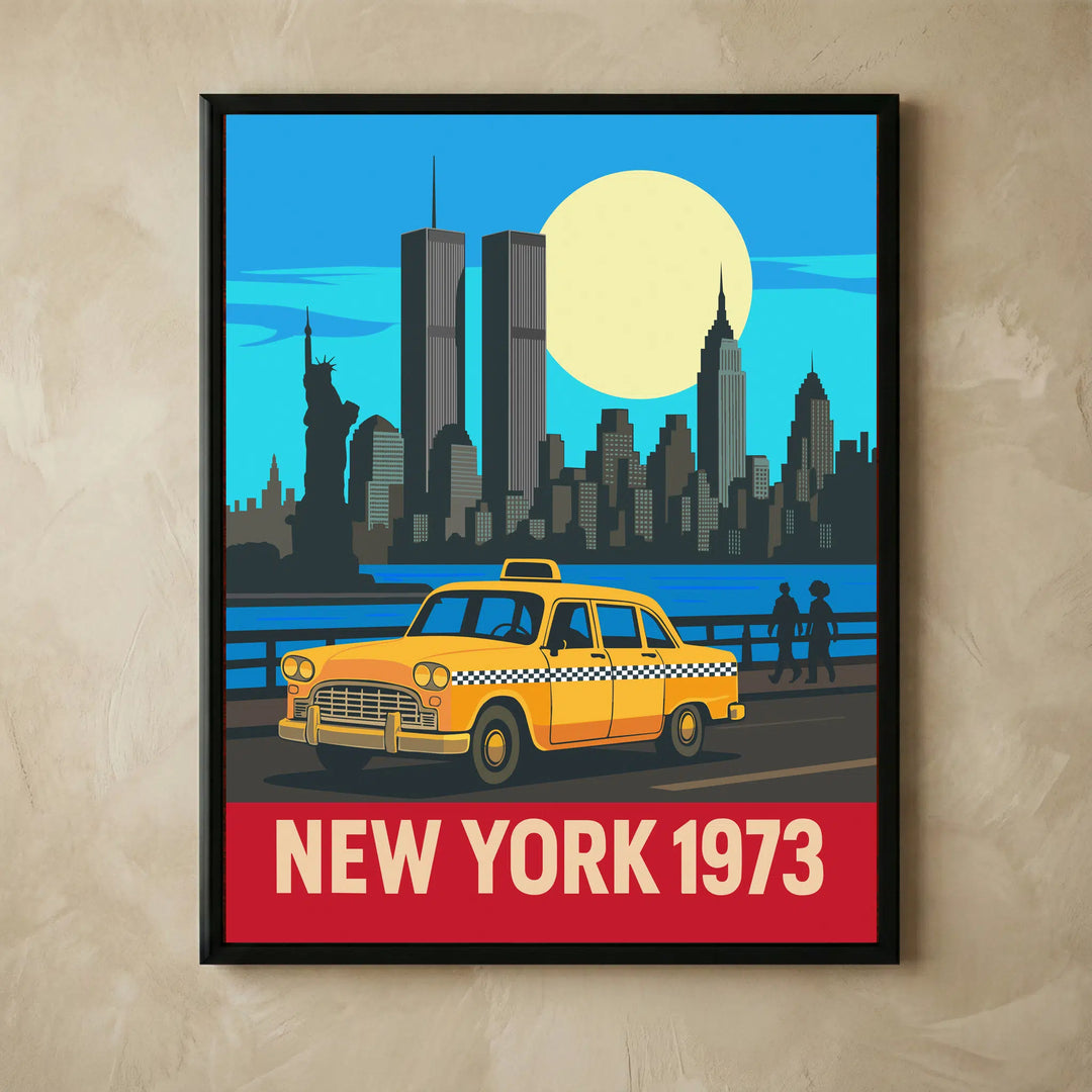 Vintage 1973 NYC skyline poster with yellow taxi