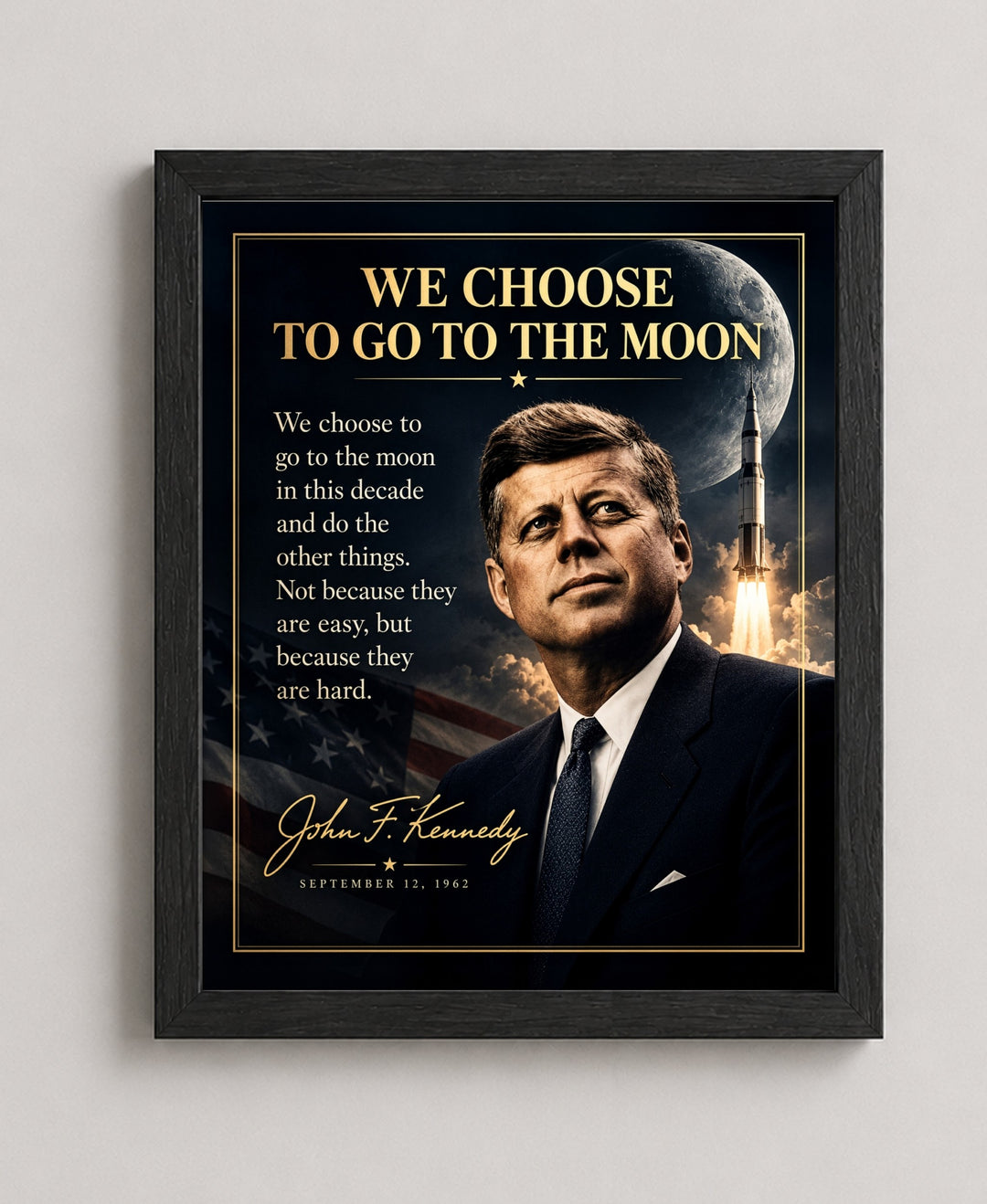 JFK We Choose to Go to the Moon Space wall art in a black frame