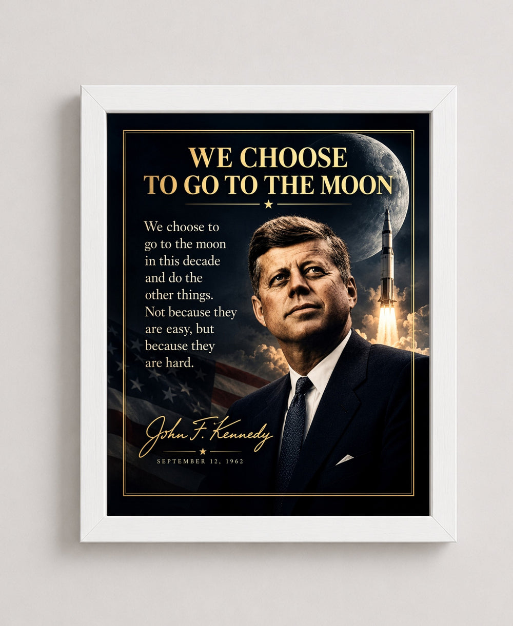 JFK We Choose to Go to the Moon Space wall art in a white frame