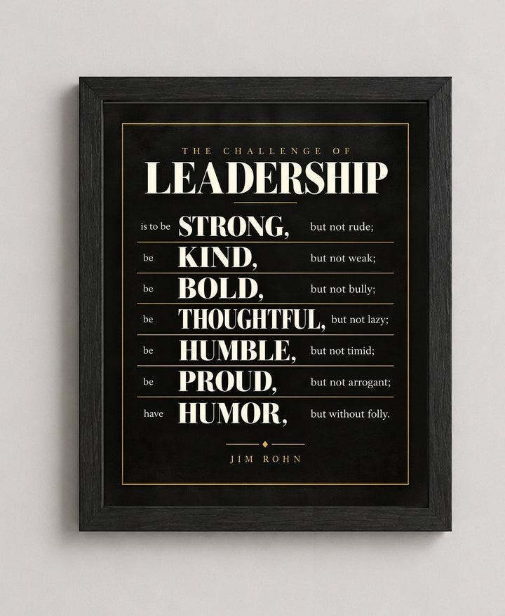 Jim Rohn Challenge of Leadership Inspirational wall art in a black frame