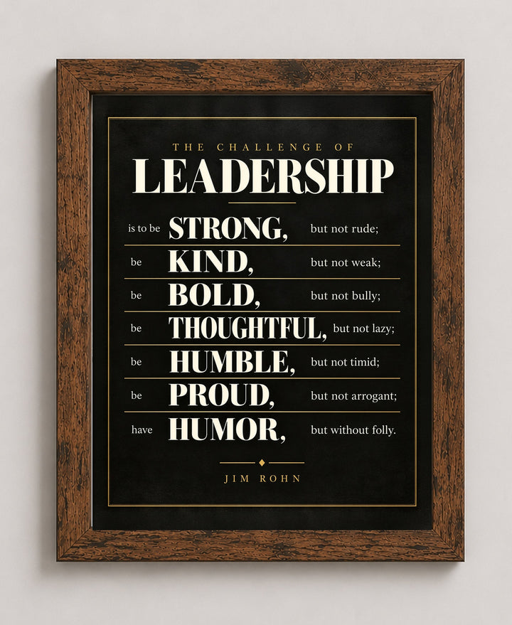 Jim Rohn Challenge of Leadership Inspirational wall art in a brown frame
