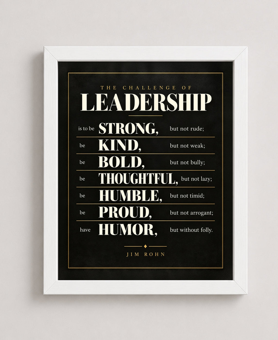 Jim Rohn Challenge of Leadership Inspirational wall art in a white frame