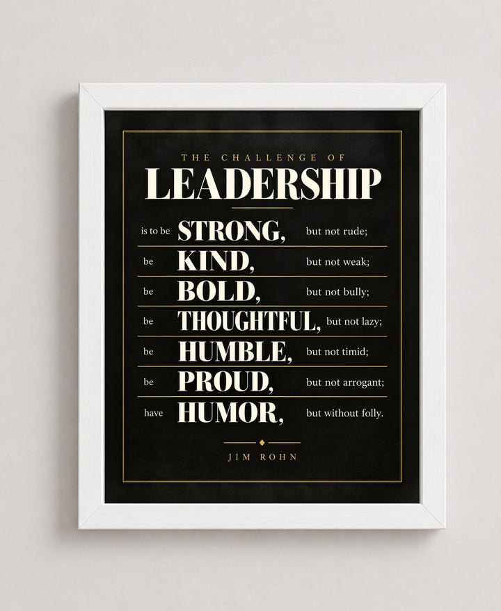 Jim Rohn Challenge of Leadership Inspirational wall art in a white frame