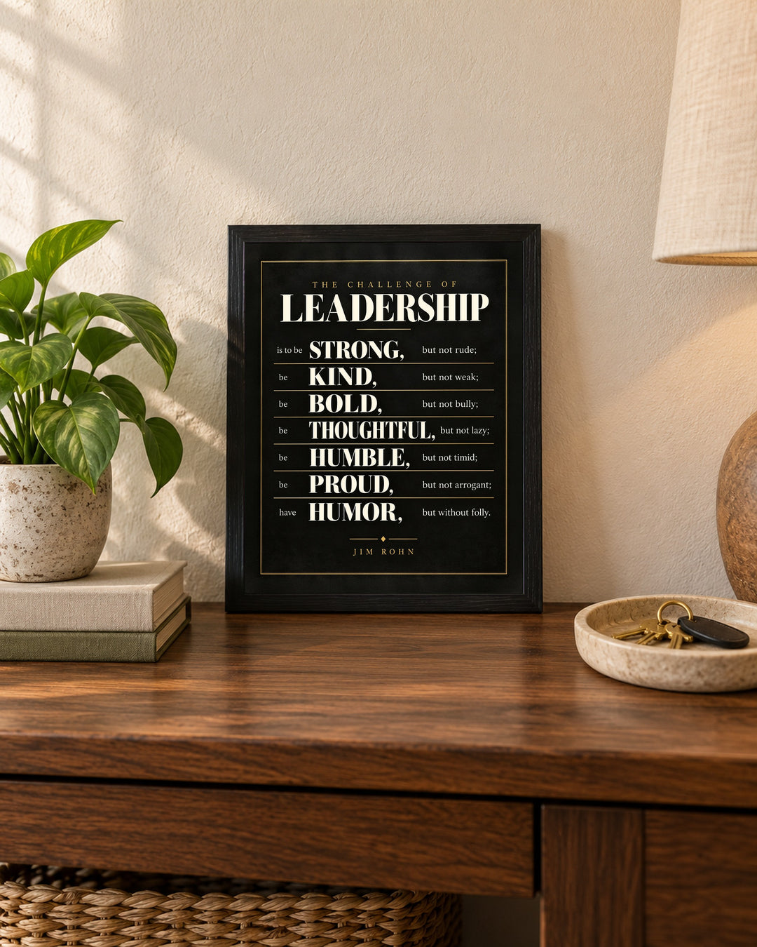Jim Rohn Challenge of Leadership Inspirational wall art, framed, in a entryway setting