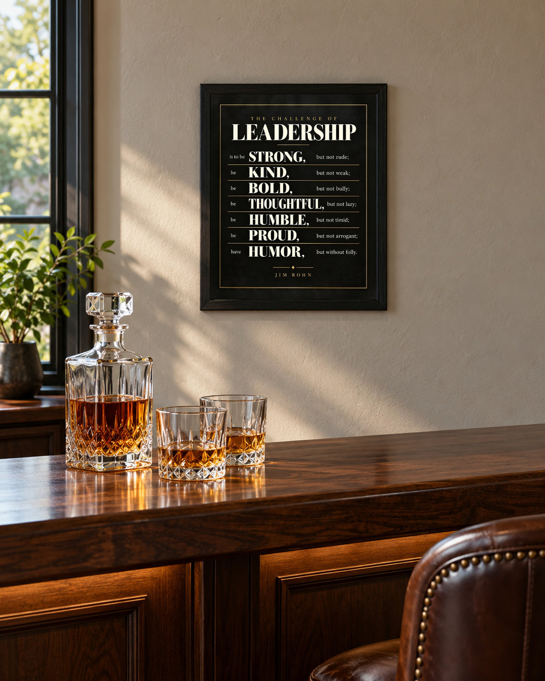 Jim Rohn Challenge of Leadership Inspirational wall art, framed, in a man cave bar setting