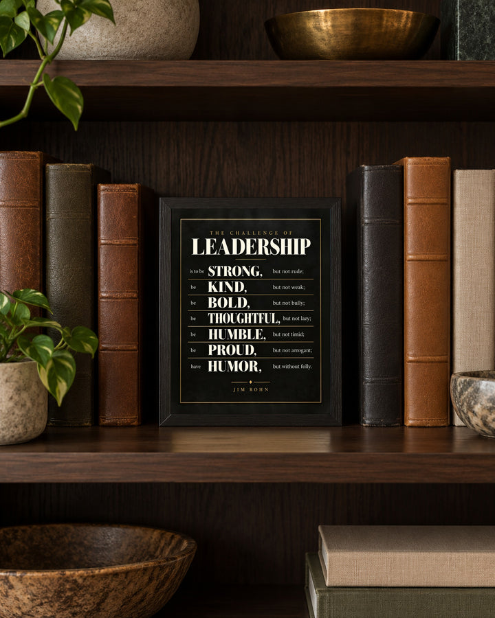 Jim Rohn Challenge of Leadership Inspirational wall art, framed, in a study shelf setting
