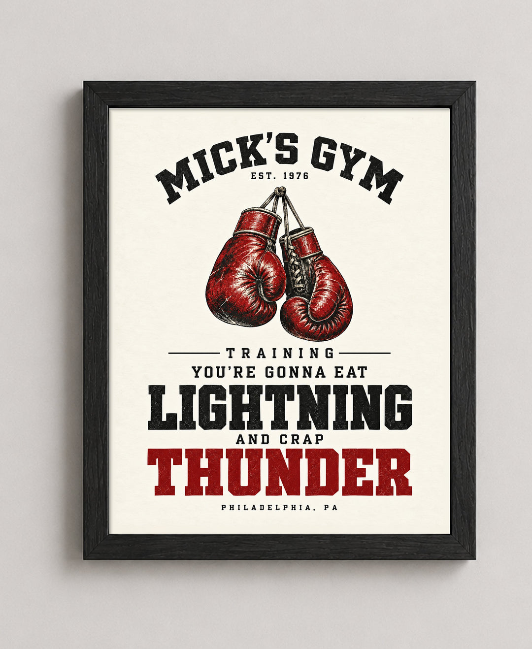 Mick's Gym Lightning and Thunder Motivational wall art in a black frame