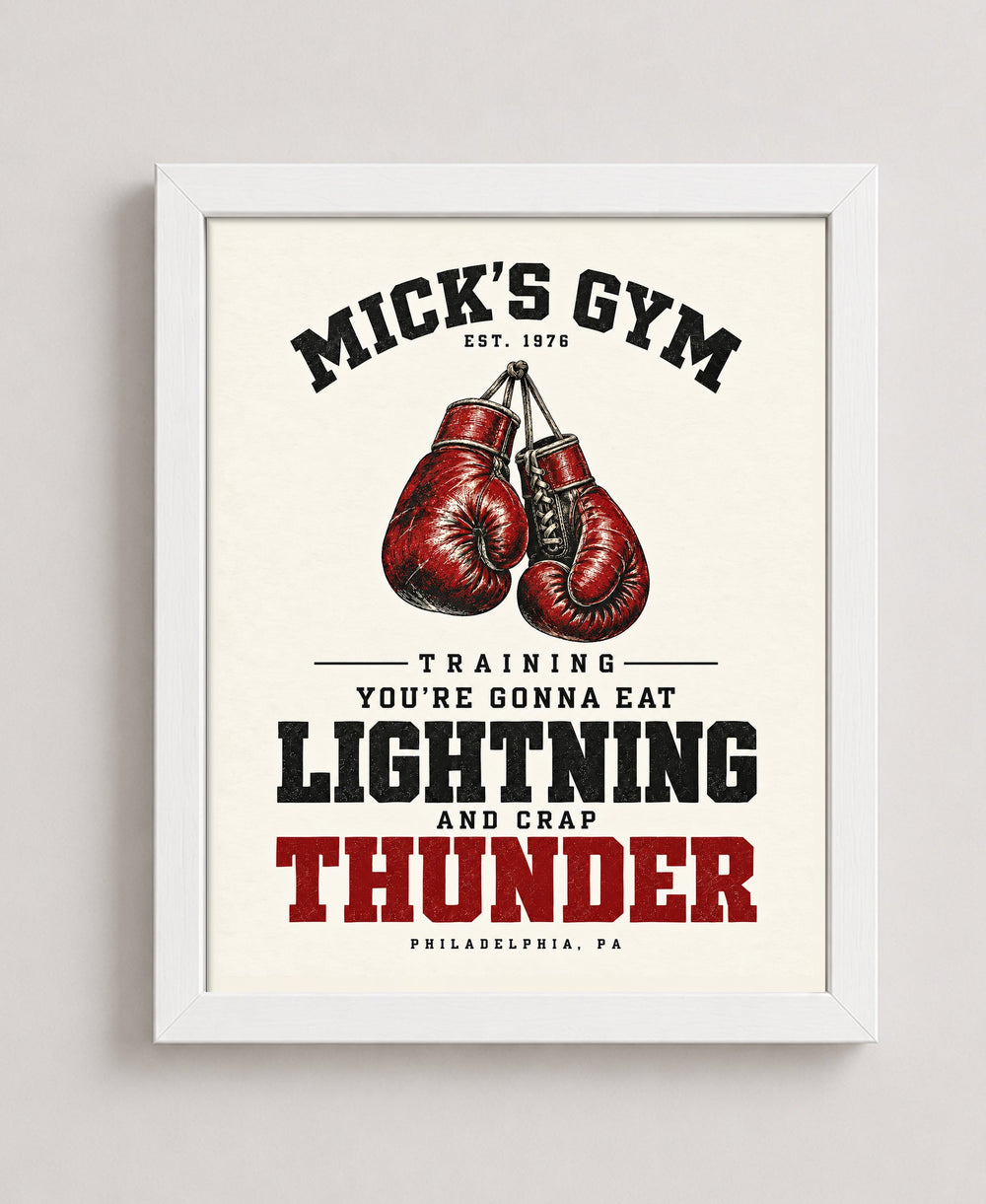 Mick's Gym Lightning and Thunder Motivational wall art in a white frame
